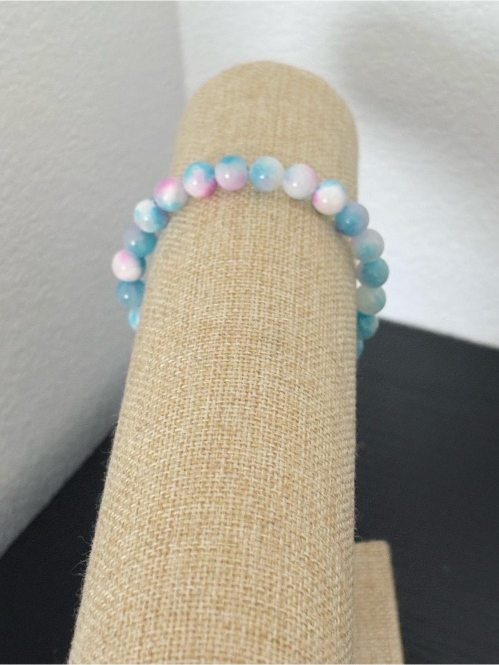 Handcrafted natural stone blue white pink persian chalcedony beaded bracelet
